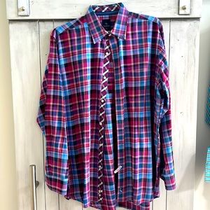 Tailorbyrd button down in blue/burgundy plaid with contrasting collar /placket
